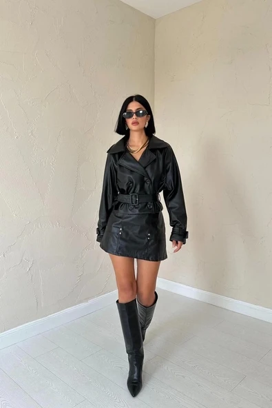 Siyah Kemerli Deri Ceket - 2