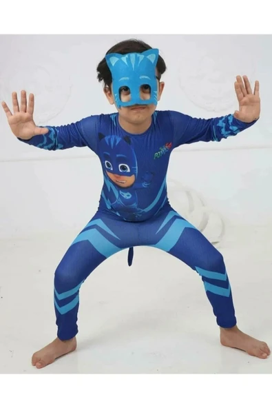 GEZEN AY Resimli Kedi Çocuk Kostümü - Pj Mask Kostüm Pijamaskeliler Mavi-Tulum Model Esnek Kumaş