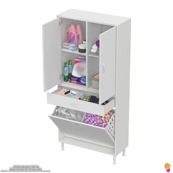 Modilayn YENİ AFRA 70x173x32,5 cm' lik 1 Çekmece, 2 Göz Sepet, 2 Kapak, 4 Raf Dar Alan Banyo Dolabı - Resim 5