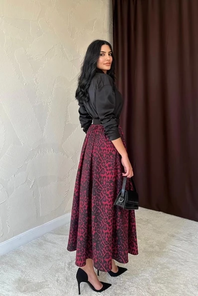Bordo Leopar Büzgülü Uzun Etek - 3