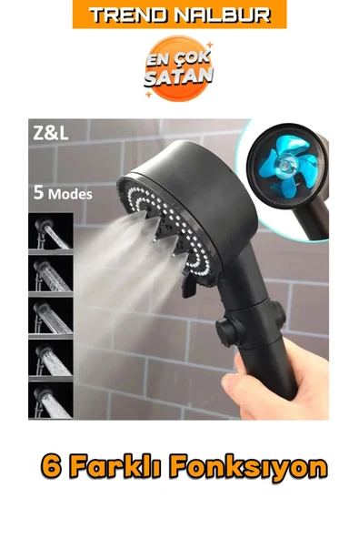 5 Fonksiyonlu Turbo Fanlı Pervaneli Lüks Duş Başlığı Siyah + Siyah PVC Hortum