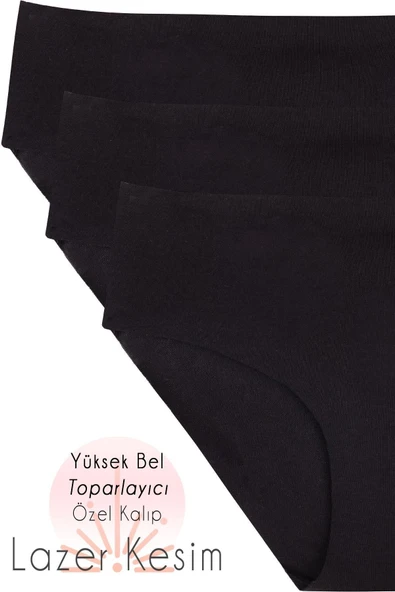 Kadın 3'lü Paket Siyah Pamuk Lazer Kesim Külot