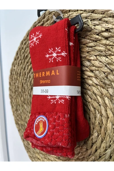 Unisex Kırmızı Kar Taneli Yılbaşı Temalı Yeni Yıl Termal Ev Çorabı