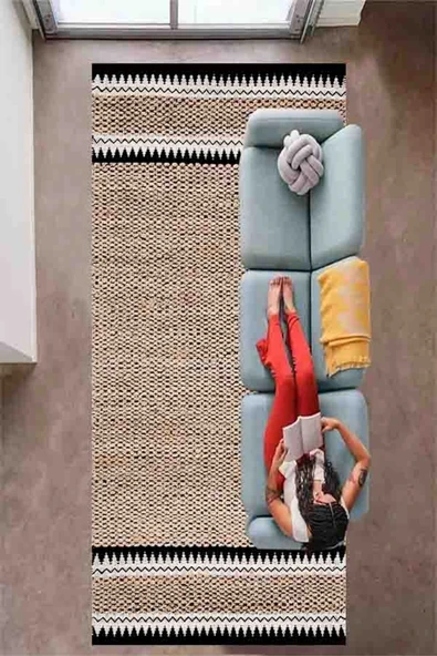 Dijital Baskı Jüt Görünümlü, Siyah Hasır Halı, Makinede Yıkanabilir Salon Halısı Yolluk
