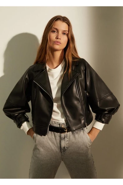 Kadın Siyah Oversize Deri Ceket - 4