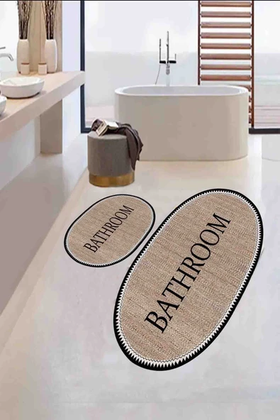 Kaymaz  Yıkanabilir Banyo paspası, Bathroom Yazılı, Estetik, Oval, Jüt Görünümlü Paspas