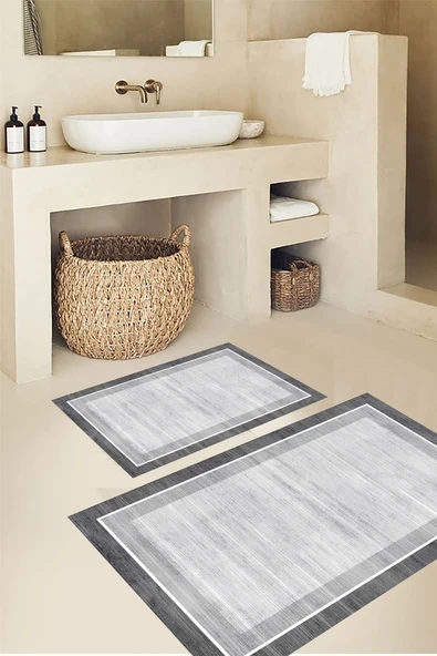Dijital Baskı, Kaymaz Taban, Banyo Paspası, Gri Banyo Paspası, Estetik, 2'li Klozet Takımı