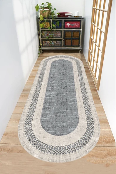 Dijital Baskı Halı, Gri Renk Oval Halı, Yıkanabilir, Kaymaz, Mutfak Halısı, Salon Halısı, Yolluk - 4