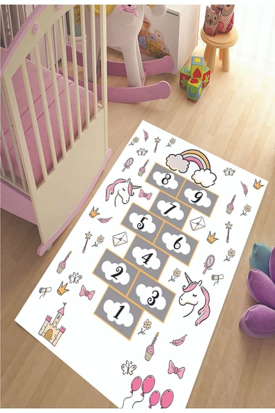 Seksekli Kız Çocuk Halısı, Unicorn Halı, Leke Tutmaz Kaymaz Taban Halı, Yıkanabilir, Oyun Halısı - 5