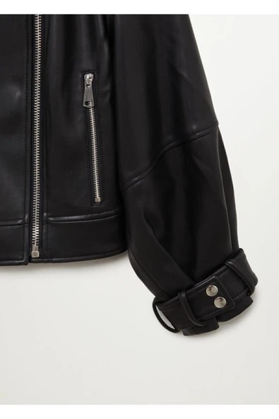 Kadın Siyah Oversize Deri Ceket - 5