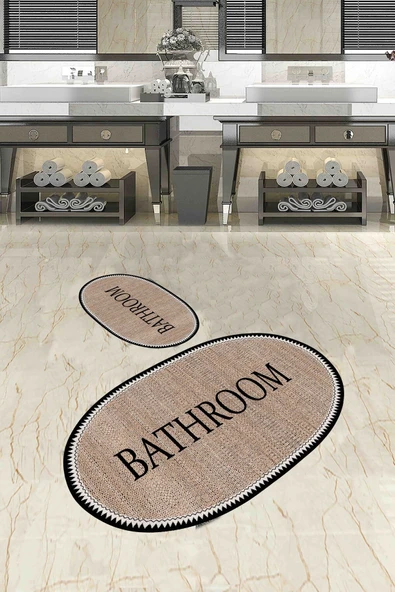 Kaymaz  Yıkanabilir Banyo paspası, Bathroom Yazılı, Estetik, Oval, Jüt Görünümlü Paspas - 2