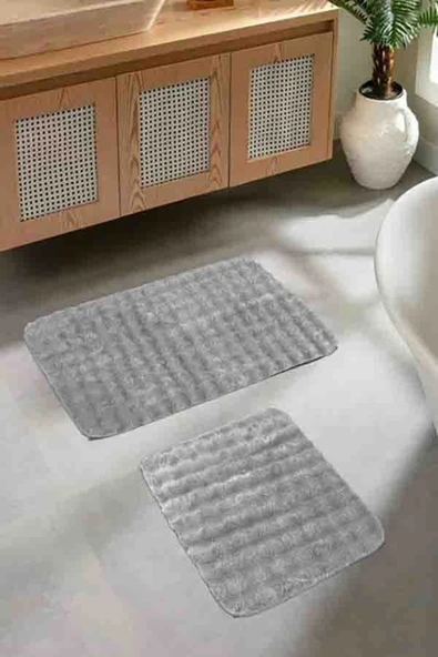 Tavşan Tüylü Paspas, Kabartmalı, Kaymaz Taban, Banyo Paspası, Bohem,  2'li Klozet Takımı