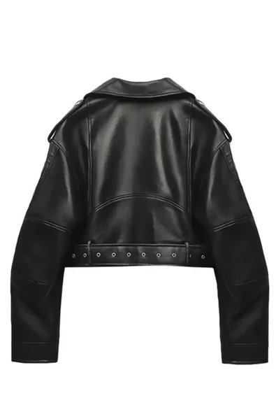 Yeni Sezon Kemerli Oversize Deri Biker Ceket - 2