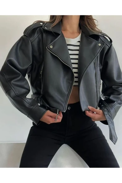 Yeni Sezon Oversize Siyah Biker Deri Ceket - 2