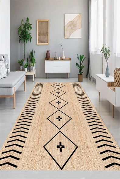 Jüt Görünümlü, Siyah Hasır Desenli Halı, Makinede Yıkanabilir Kaymaz Taban Salon Halısı Ve Yolluk - 4