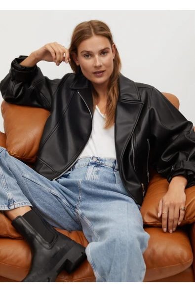 Kadın Siyah Oversize Deri Ceket