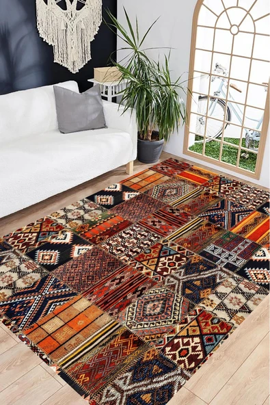 Patchwork Kilim Desen Halı, Eskitme Desen Halı, Bohem Halı, Dijital Baskı Halı, Yıkanabilir Halı, - 4