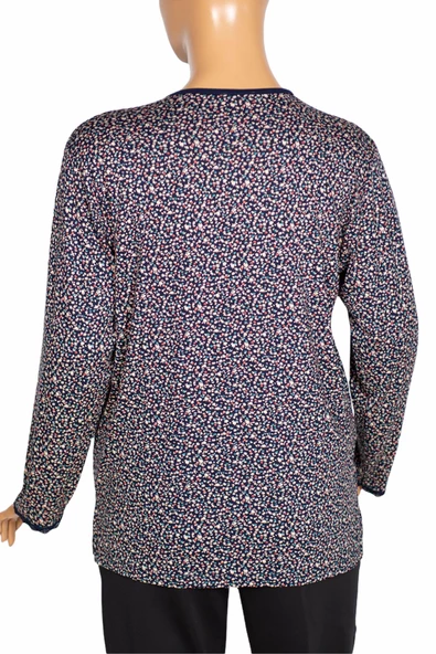 Cimariva Kadın Zarif Büyük Beden V Yaka Desenli Lacivert Bluz - 4