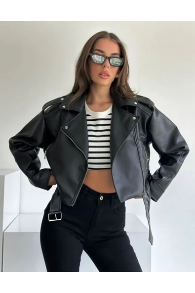 Yeni Sezon Oversize Siyah Biker Deri Ceket