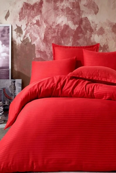 Saten Nevresim Takımı Çift Kişilik Otel Ve Ev Tipi , Çizgili Nevresim Takımı, 4 Parça, Yıkanabilir