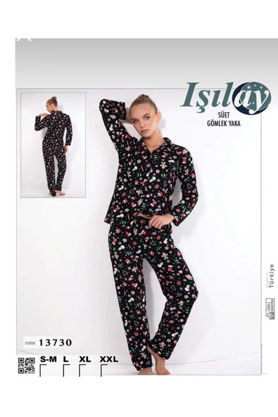Işılay Süet Düğmeli Gömlek Yaka Kışlık Pijama Takımı Yılbaşı Konsepti
