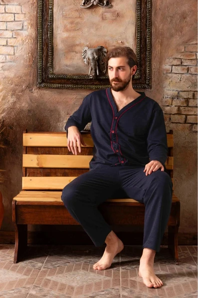 Önden Boydan Düğmeli Erkek Süprem Penye Kumaş Pijama Takımı