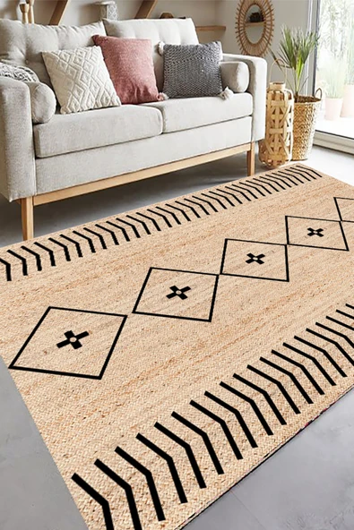 Jüt Görünümlü, Siyah Hasır Desenli Halı, Makinede Yıkanabilir Kaymaz Taban Salon Halısı Ve Yolluk