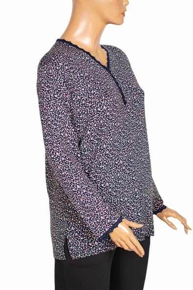 Cimariva Kadın Zarif Büyük Beden V Yaka Desenli Lacivert Bluz - 3