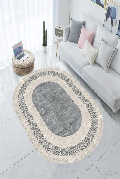 Dijital Baskı Halı, Gri Renk Oval Halı, Yıkanabilir, Kaymaz, Mutfak Halısı, Salon Halısı, Yolluk - 5