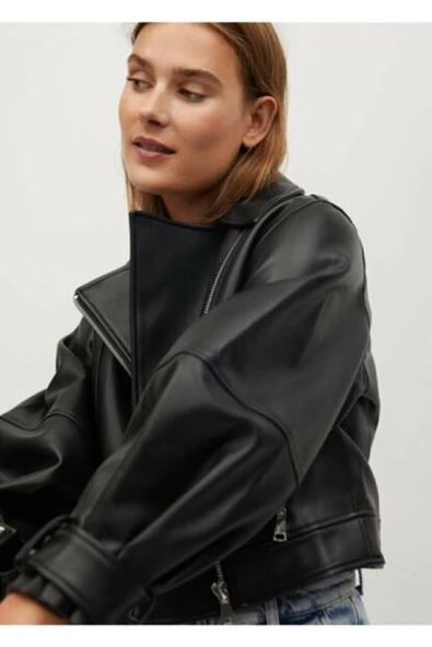 Kadın Siyah Oversize Deri Ceket - 2