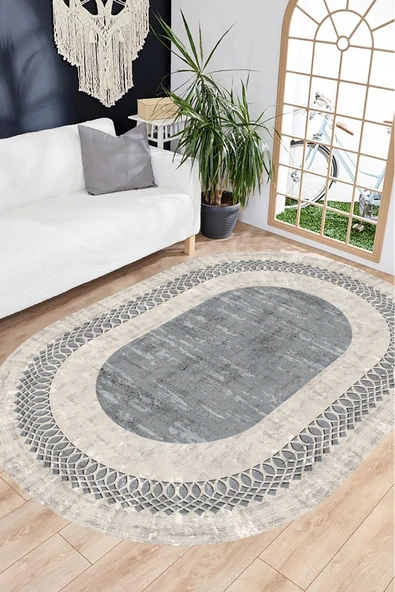 Dijital Baskı Halı, Gri Renk Oval Halı, Yıkanabilir, Kaymaz, Mutfak Halısı, Salon Halısı, Yolluk - 2