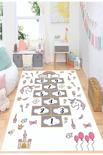Seksekli Kız Çocuk Halısı, Unicorn Halı, Leke Tutmaz Kaymaz Taban Halı, Yıkanabilir, Oyun Halısı - 2