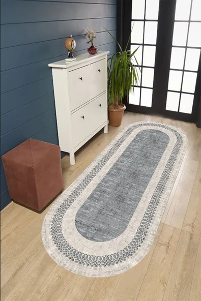 Dijital Baskı Halı, Gri Renk Oval Halı, Yıkanabilir, Kaymaz, Mutfak Halısı, Salon Halısı, Yolluk