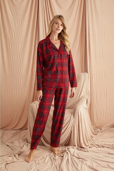 Ekose Süet Düğmeli Bebe Yaka Uzun Kol Uzun Alt Pijama Takım