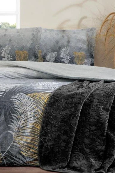 Golden Palm Çift Kişilik Trendy Battaniyeli Nevresim Takımı GRİ - Resim 2