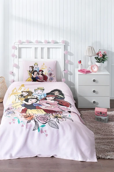 Princess Rose Tek Kişilik Disney Lisanslı Lastikli Çarşaf Çocuk Pike Takımı