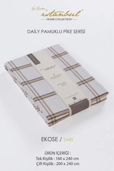 %100 PAMUKLU BASKILI ÇİFT KİŞİLİK TEK PİKE EKOSE  SARI 200X240
