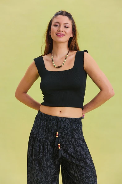 Beli Lastikli Bağcık Detaylı Viskon Pantolon - 6