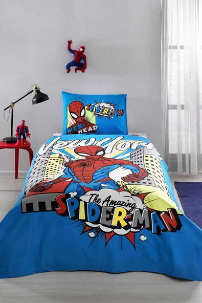 Spiderman New York Tek Kişilik Disney Lisanslı Lastikli Fitted Çarşaf Çocuk Pike Takımı