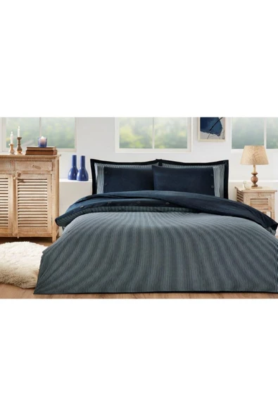 4 yastık kılıflı Nevresim Takımı Ranforce Çift Kişilik LACIVERT NATUREL ürün görseli 1