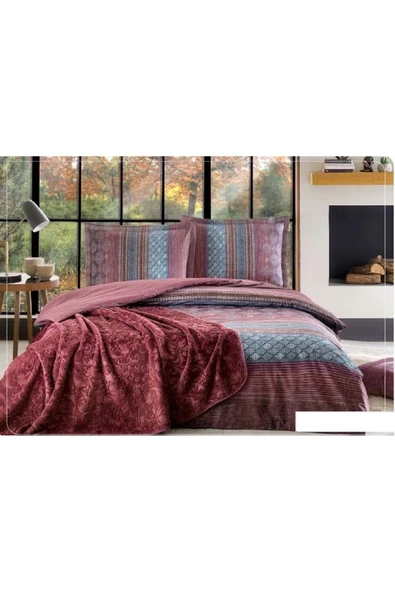 Özdilek Trendy Battaniyeli Çift Kişilik Nevresim Takımı-Mimbre Bordo ürün görseli 1