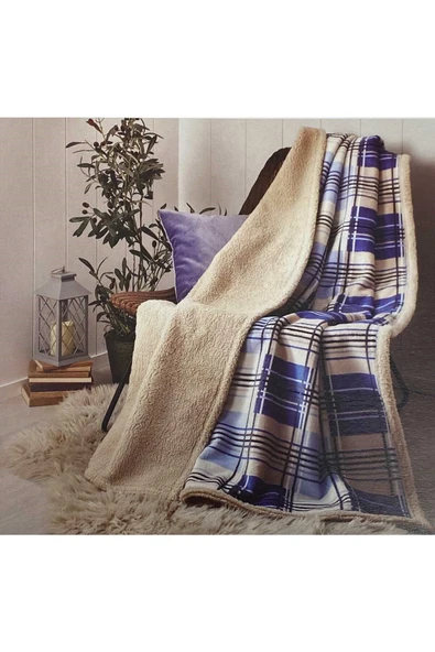 Çift Kişilik Sherpa Plaid Battaniye Lacivert