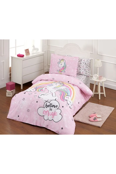 Unicorn Tek Kişilik Ranforce Nevresim Takımı - Pembe - 1