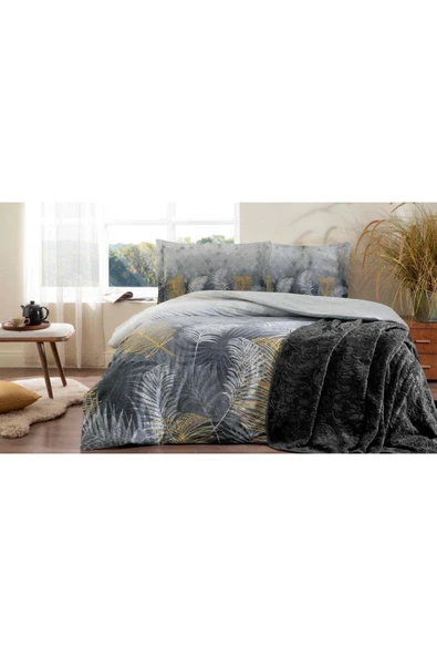 Golden Palm Çift Kişilik Trendy Battaniyeli Nevresim Takımı GRİ ürün görseli 1