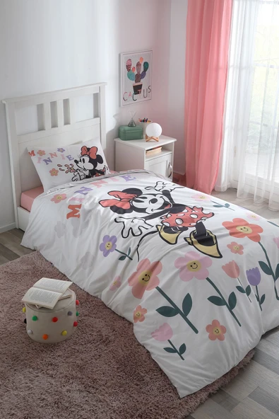 Minnie Mouse Flowers Tek Kişilik Disney Lisanslı Lastikli Fitted Çarşaf Çocuk Nevresim Takım