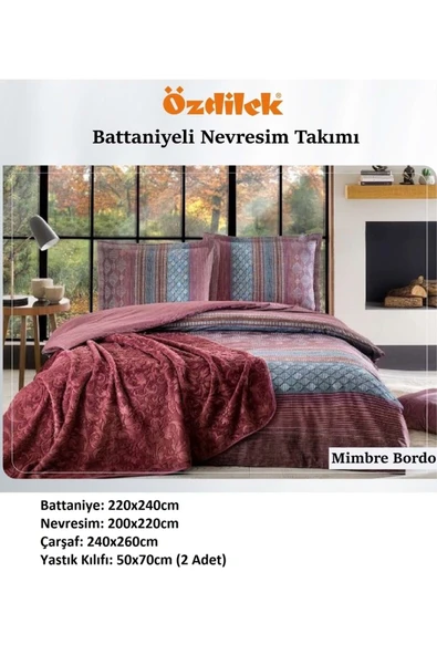 Özdilek Trendy Battaniyeli Çift Kişilik Nevresim Takımı-Mimbre Bordo - Resim 2