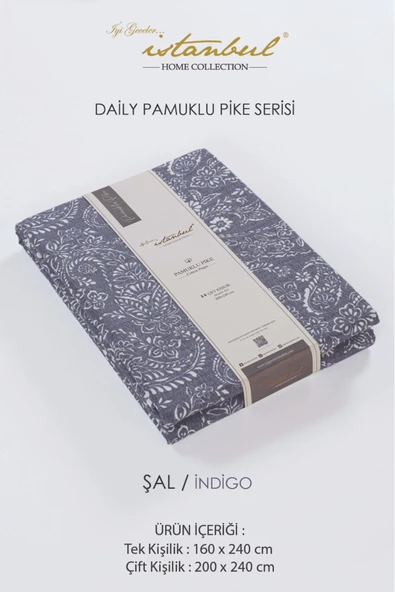 %100 PAMUKLU BASKILI ÇİFT KİŞİLİK TEK PİKE ŞAL İNDİGO 200X240