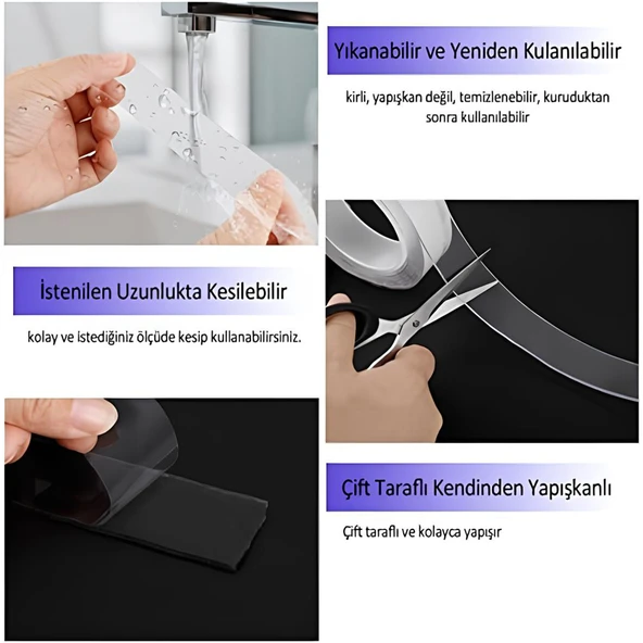 Çift Taraflı Nano Bant Güçlü Yapıştırma Bandı Şeffaf 18 mm x 2 Metre Suya Dayanıklı Yıkanabilir - 7