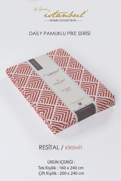 %100 Pamuklu Baskılı Çift Kişilik Tek Pike Resital Kiremit 200x240