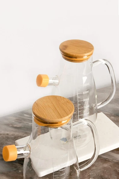 Bambu Kapaklı Vakumlu Borosilikat 2'Li Set Cam Yağlık Sirkelik - 3